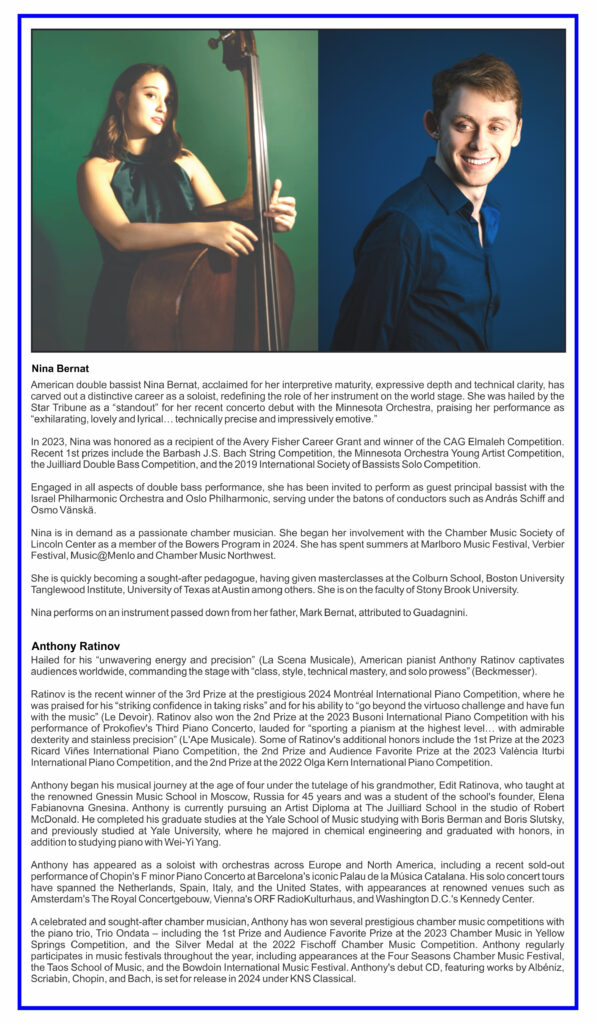 May 11 Nina Bernat, Double bass & Anthony Ratinov, piano, play concert in RI at Grace Note Farm on May 11, 2025